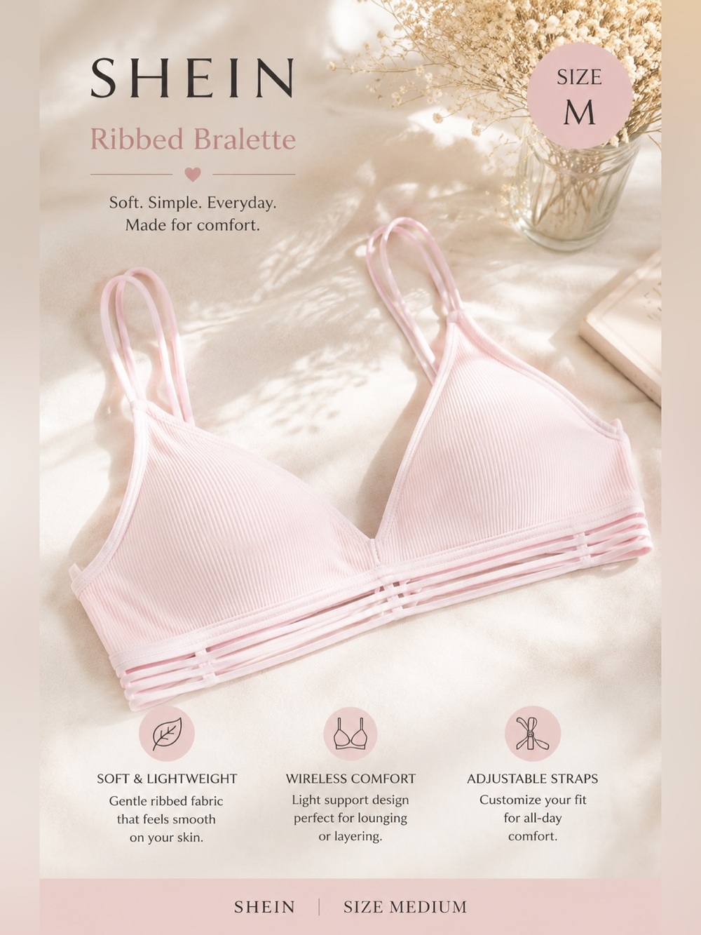 SHEIN Pink Ribbed Wireless Bralette